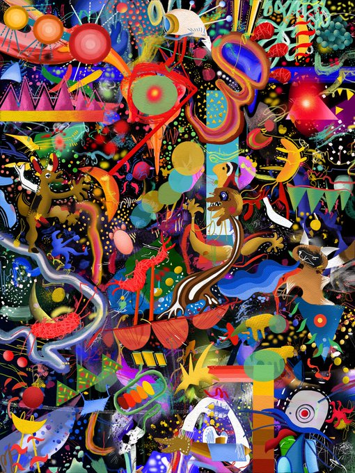 A vibrant, chaotic digital artwork filled with abstract shapes, colorful creatures, and surreal elements including a lizard-like figure in the center.