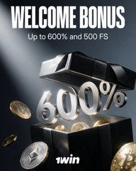 An advertisement banner reading 'WELCOME BONUS' offering 'Up to 600% and 500 FS' from '1win', featuring a gift box with coins and a large '600%'.