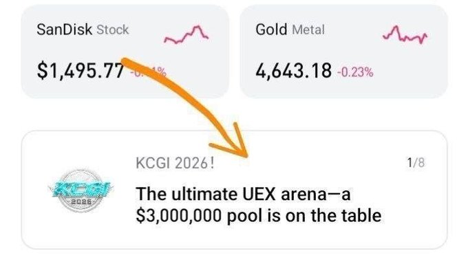 A screenshot showing SanDisk Stock at $1,495.77 and Gold Metal at $3,643.18, with an orange arrow pointing down to a notification reading 'KCGI 2026! - The ultimate UEX arena—a $3,000,000 pool is on the table'.