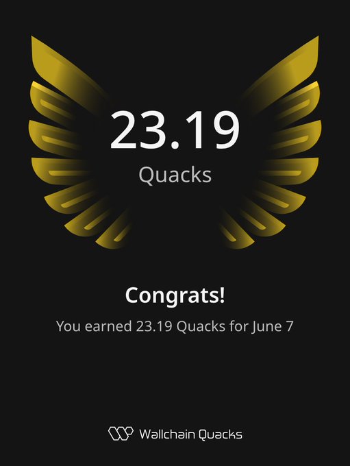 The image shows a poster of a gold eagle with wings spread wide. It features text congratulating the user who has earned 23.19 Quacks from Wallchain. The text emphasizes that their rewards are "not a day goes by without" and highlights the quality and meaningful interactions of Wallchain's content, suggesting an engaging and interactive user experience where users' efforts are recognized and rewarded over time with genuine engagement.