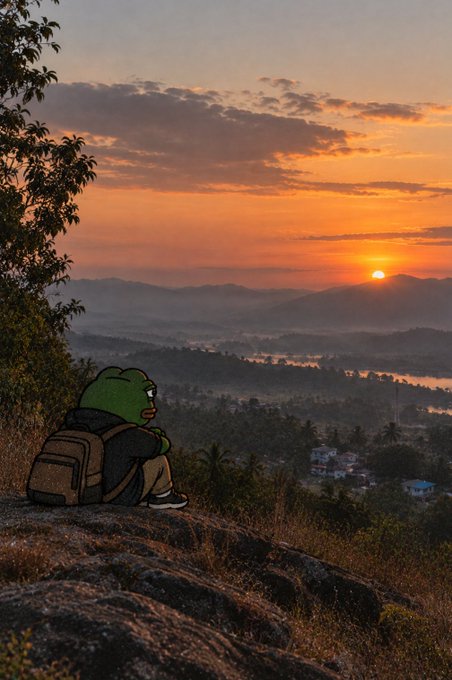 A cartoon green frog character wearing a backpack sits on a rocky outcrop, looking out over a misty mountain landscape at sunset.