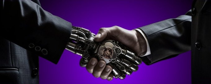 A robotic handshake between a human and an AI, symbolizing the collaboration between people and technology—mirroring the post's message about ActionFi rewarding meaningful actions over superficial engagement.