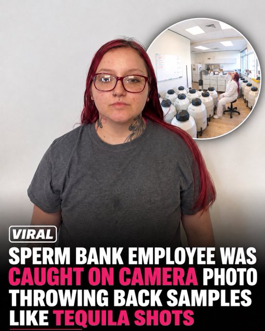 A news headline graphic featuring a woman with red hair and glasses, with text reading 'VIRAL: SPERM BANK EMPLOYEE WAS CAUGHT ON CAMERA PHOTO THROWING BACK SAMPLES LIKE TEQUILA SHOTS' and an inset image showing a laboratory with sample containers.
