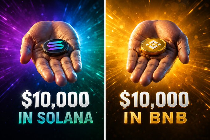 A split image showing two hands holding cryptocurrency coins, with text reading "$10,000 IN SOLANA" on the left (purple background) and "$10,000 IN BNB" on the right (orange background).