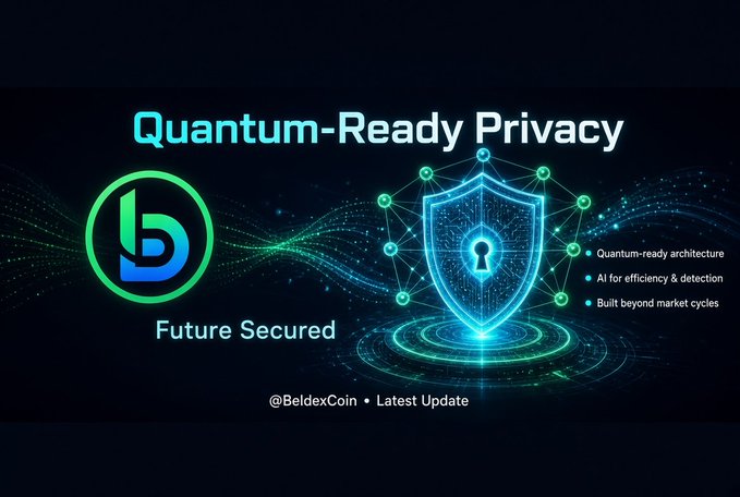 A promotional graphic for a crypto project titled 'Quantum-Ready Privacy' with the tagline 'Future Secured', featuring a logo and bullet points: 'Quantum-ready architecture', 'AI for efficiency & detection', and 'Built beyond market cycles', along with '@BeldexCoin • Latest Update'.