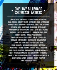A black promotional poster features the title 'ONE LOVE BILLBOARD SHOWCASE ARTISTS' followed by a long list of artist names, with the bottom edge showing colorful paintings.