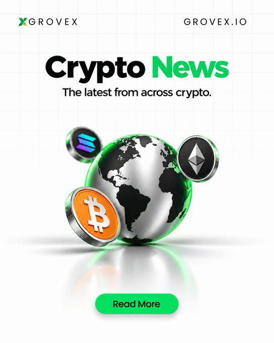 A promotional graphic for Grovex (grovex.io) featuring the headline 'Crypto News - The latest from across crypto.' with a 3D globe surrounded by Bitcoin, Ethereum, and Solana coins, plus a green 'Read More' button.