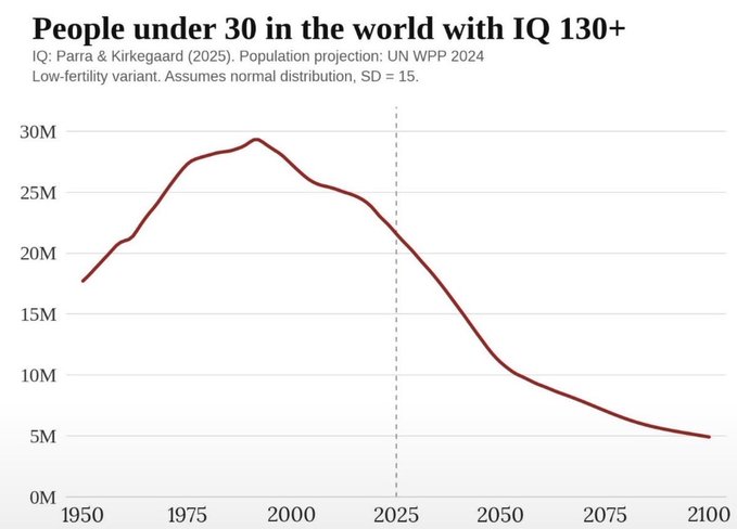 The line chart titled “People under 30 in the world with IQ 130+” projects the global under-30 population with IQ 130+ rising from about 17.5 million in 1950 to nearly 29 million in the 1990s, then declining to about 5 million by 2100. Using the 2025 low-fertility variant and UN WPP 2024 projections, it shows fewer exceptionally high-IQ young people over time, supporting the post’s broader point that effort, experimentation, and confidence may matter more than exceptional intelligence.