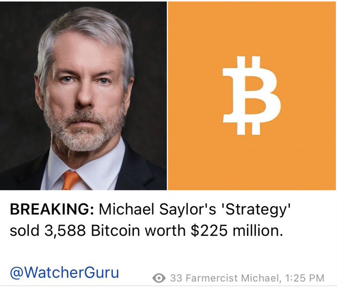 The image shows a news graphic featuring Michael Saylor alongside the Bitcoin logo, with text reading: "BREAKING: Michael Saylor's 'Strategy' sold 3,588 Bitcoin worth $225 million." This relates to the post's question about why Saylor, known as Bitcoin's biggest KOL, would sell such a large amount of BTC in a single day.