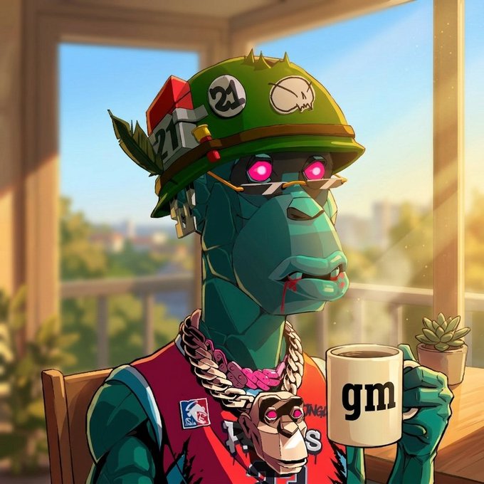 A digital illustration of a green alien-like character with glowing pink eyes wearing a military helmet with '21' patches and a chain necklace, holding a mug that says 'gm'.