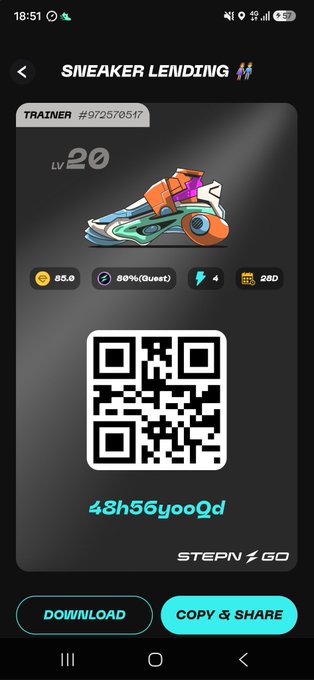 A 'Sneaker Lending' mobile app screen from StepN Go showing a Level 20 Trainer sneaker #972570517 with QR code and stats (85.0, 89% Quest, 4, 28D), with the wallet address 48h56yooQd.