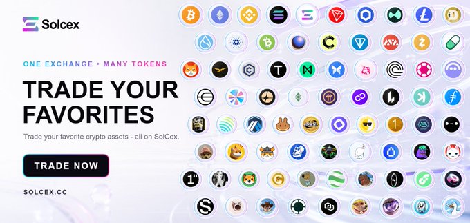 A promotional banner for SolCex displaying "TRADE YOUR FAVORITES" with a "TRADE NOW" call-to-action button, featuring a grid of cryptocurrency token logos including Bitcoin, Ethereum, Solana, and many others available on the solcex.cc platform.