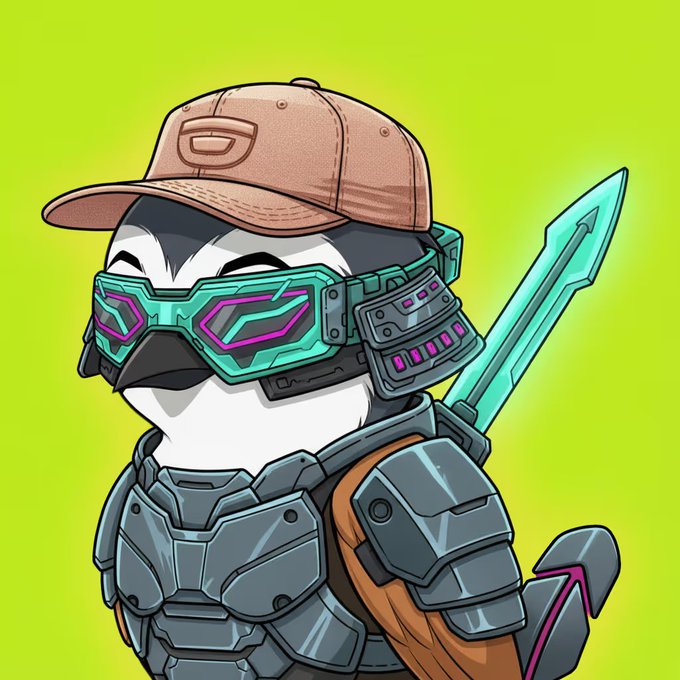 A cartoon illustration depicts a penguin character wearing a tan cap, neon goggles, and armor, holding a glowing green sword against a lime green background.
