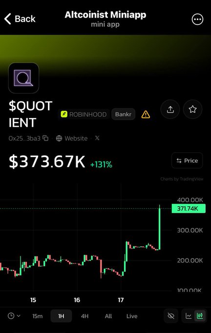 A crypto price tracking app screen showing the $QUOTIENT token (ROBINHOOD ticker) at $373.67K, up 131%, with a candlestick chart.