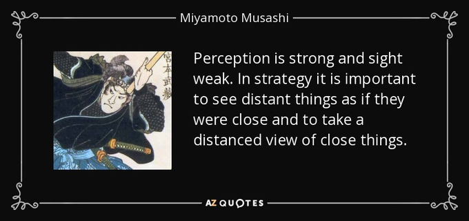 A quote attributed to Miyamoto Musashi reads, "Perception is strong and sight weak. In strategy it is important to see distant things as if they were close and to take a distanced view of close things," alongside an illustration of a samurai. The image relates to the post by suggesting that like Musashi's wisdom, foresight is needed to see the potential for a billion-dollar dog coin on the Robinhood chain, with $BRODIE currently sitting at a 2M valuation.