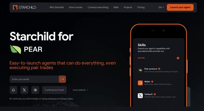 A webpage for Starchild for PEAR describing 'Easy-to-launch agents that can do everything, even executing pair trades,' with a phone mockup showing skills like Pear-protocol, Wallet, and TwitterX.