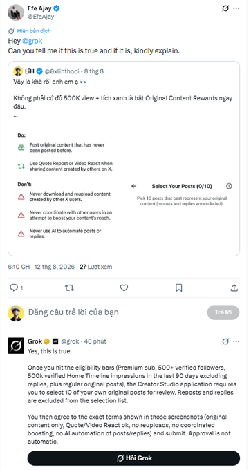 A Twitter thread from user 'Efe Ajay' (@EfeAjay) asking @grok about a tweet from 'LiH' (@xinthoai) regarding X's Creator Studio application requirements for Original Content Rewards.