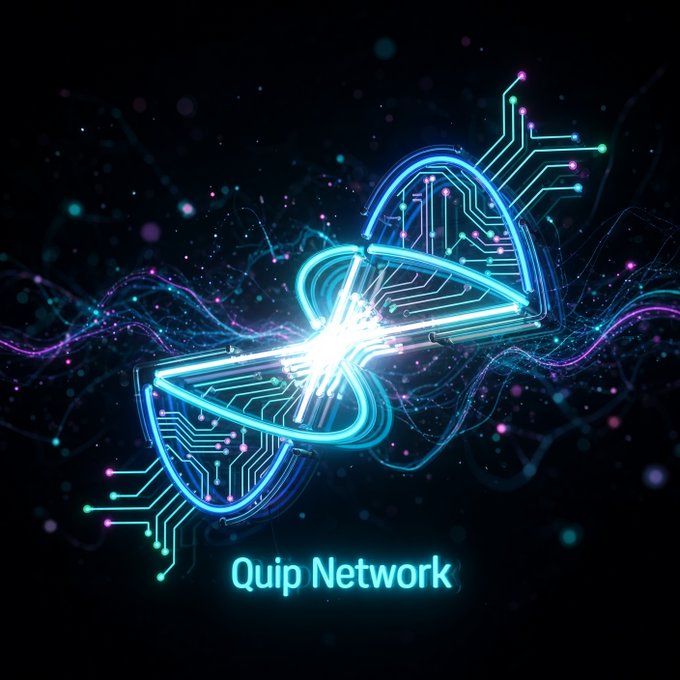 A digital artwork featuring a glowing neon infinity symbol intertwined with circuit board patterns on a black background, labeled 'Quip Network' in blue text.