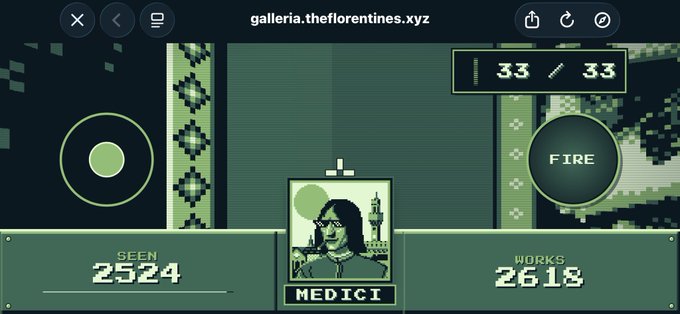 A screenshot of a retro-style pixel art game called "galleria.theflorentines.xyz" showing a "MEDICI" character profile with stats of 33/33, 2524 SEEN, and 2618 WORKS, with an active "FIRE" button suggesting the user is preparing to launch their fourth round.