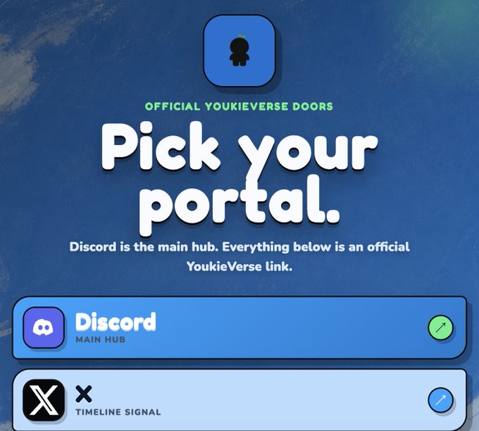 A 'Pick your portal' graphic for YoukieVerse Doors shows Discord as the main hub and X as the timeline signal.