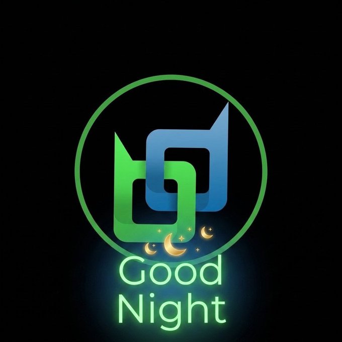 A dark logo design featuring a circular green emblem with interlocking chain links in blue and green, accompanied by crescent moon and star icons, and the text 'Good Night' in glowing green.