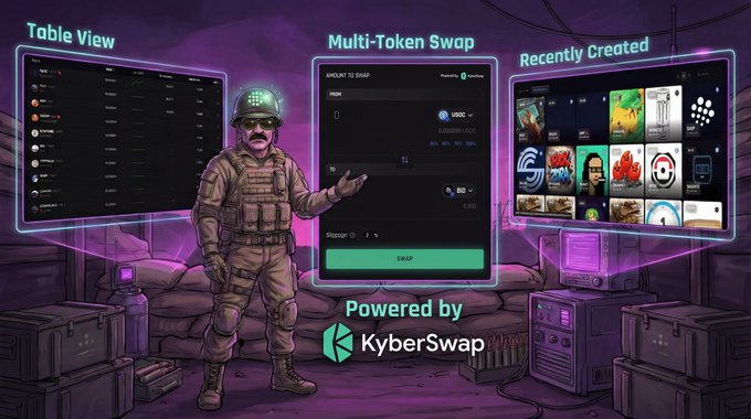A promotional graphic for KyberSwap featuring a military character and showcasing 'Table View', 'Multi-Token Swap', and 'Recently Created' NFT features.
