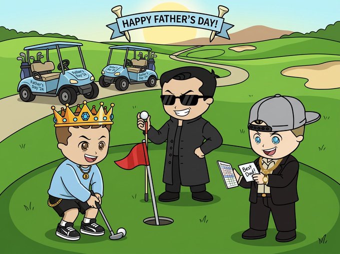 The image features three cartoon characters dressed up for Happy Father's Day, with one holding a golf club and another holding a book. The background shows a golf course with two golf carts parked nearby. The caption of the image reads "Good Morning ₿illionaires Have a legendary Father's Day to all the amazing Papi ₿illionaires!".
