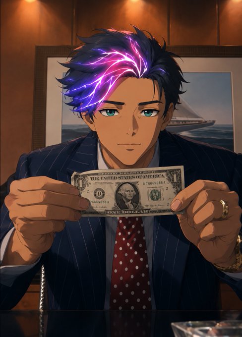 An anime-style illustration of a man in a pinstripe suit with purple-magenta streaked hair, holding a one-dollar bill displaying 'THE UNITED STATES OF AMERICA' and 'ONE DOLLAR'.