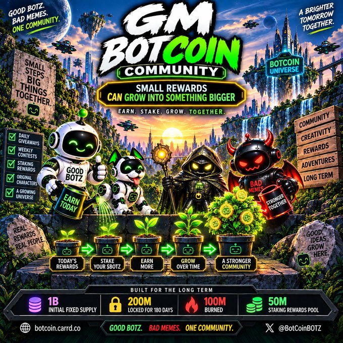 A promotional graphic for "GM BOTCOIN COMMUNITY" featuring various cartoon robot characters, with text including "SMALL REWARDS CAN GROW INTO SOMETHING BIGGER", "EARN. STAKE. GROW. TOGETHER.", "1B INITIAL FIXED SUPPLY", and "200M LOCKED FOR 180 DAYS".