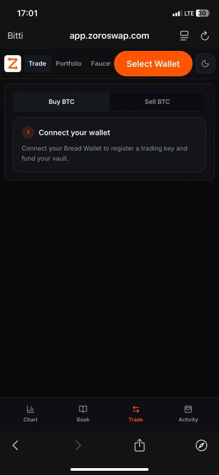 A mobile screenshot of 'app.zoroswap.com', a cryptocurrency trading interface prompting the user to 'Connect your wallet' via Bread Wallet to register a trading key and fund a vault for buying/selling BTC.