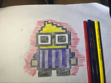 A child's hand-drawn artwork of a pixelated robot character wearing a top hat, colored with markers showing a yellow head, blue body, and red scribbled background, displayed next to four colored markers.