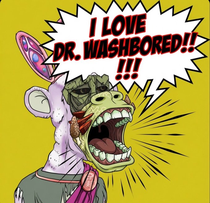 A cartoon illustration of a purple hippopotamus-like creature with a gaping mouth screaming 'I LOVE DR. WASHBORED!!!' against a yellow background with a starburst speech bubble.