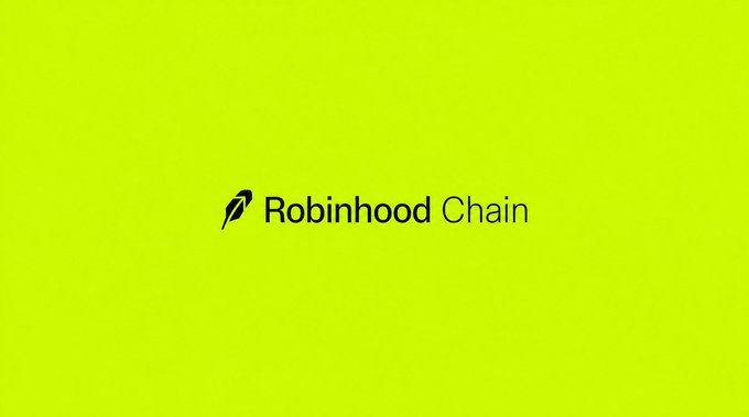 The image displays the "Robinhood Chain" logo, featuring a black feather icon next to the wordmark on a bright lime-green background. It appears to be a branding graphic accompanying a request for community recommendations related to the Robinhood Chain ecosystem.