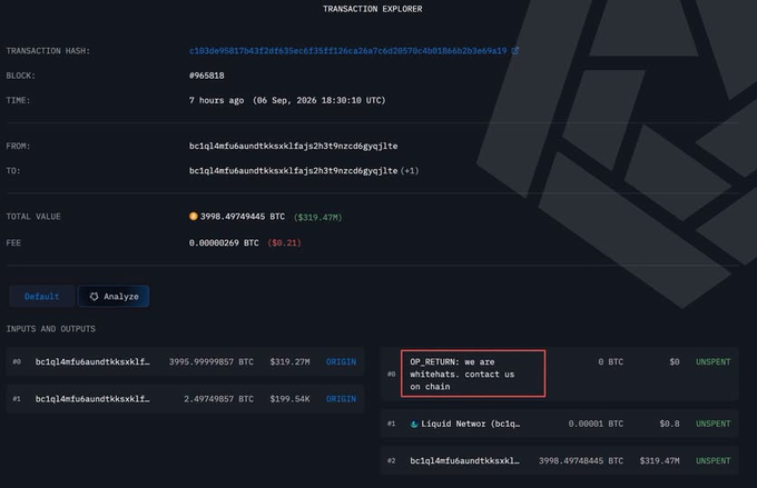 A Bitcoin transaction explorer screenshot displaying a transaction with hash c1b3de95817943f2afe35ec6f35ff126ca26a7ccd20570c4b0186db2b3e9a519, showing 3998.49 BTC transferred from one address to another, with an output labeled "OP_RETURN: We are whitehats, contact us on chain" highlighted in red.