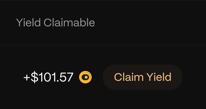 A digital wallet interface showing "Yield Claimable" with an amount of "+$101.57" next to a coin icon and a "Claim Yield" button.