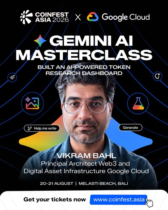 A promotional poster for the Coinfest Asia 2026 x Google Cloud 'Gemini AI Masterclass' featuring Vikram Bahl, Principal Architect Web3 and Digital Asset Infrastructure at Google Cloud, taking place 20-21 August at Melasti Beach, Bali.