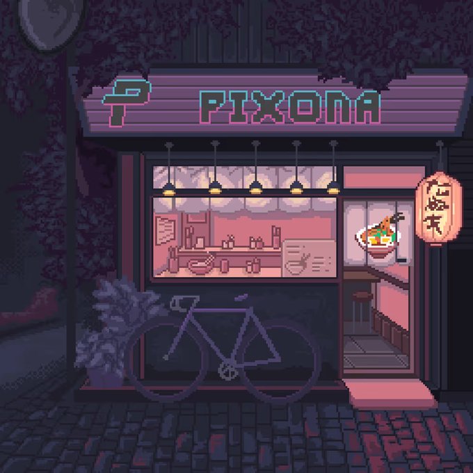 A pixel-art storefront at night displays a neon "PIXONA" sign with the letter "P" logo, a glowing ramen bowl in the window, a bicycle parked outside, and a hanging paper lantern, evoking a moody retro-arcade aesthetic that fits the Vietnamese post about the Pixona NFT mint price jumping from 0.0006 to around 0.006 ETH.