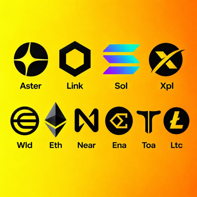 A collection of cryptocurrency logos on a yellow-to-orange gradient background, including Aster, Link, Sol, Xpl, Wld, Eth, Near, Ena, Toa, and Ltc.