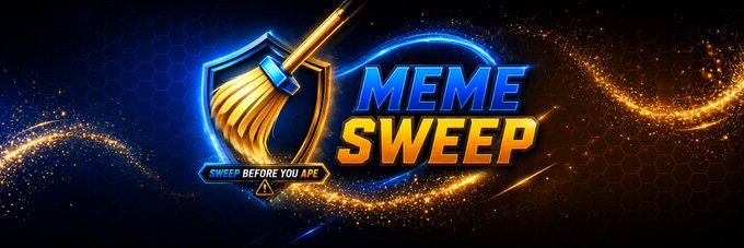 A promotional banner for the "Meme Sweep" cryptocurrency features a golden broom sweeping across a blue shield emblem, with the tagline "SWEEP BEFORE YOU APE," visually reinforcing the token's branding and call to action from the post.
