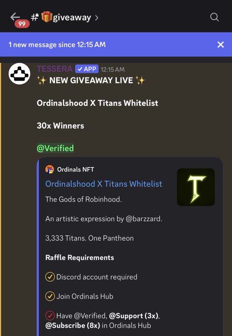 The post is a Discord announcement from the TESSERA app about a giveaway for 30 whitelist spots to the "Ordinalshood X Titans Whitelist" for Ordinals NFT "The Gods of Robinhood," with entry requirements including having a Discord account, joining the Ordinals Hub server, and holding roles like @Verified, @Support (3x), and @Subscribe (8x). The accompanying caption encourages viewers to join for a chance at one of 30 whitelist spots.