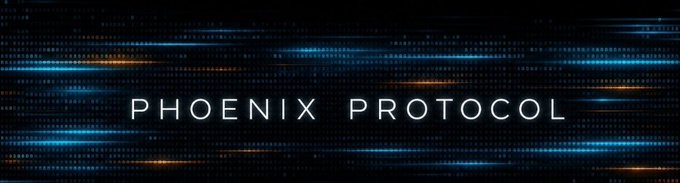 A sleek dark digital banner featuring glowing blue and orange light streaks displays "PHOENIX PROTOCOL" in clean white text, promoting a giveaway for 10 guaranteed and 10 FCFS spots for @PHNXProtocol, requiring participants to join the Discord server and submit their EVM wallet within 24 hours.