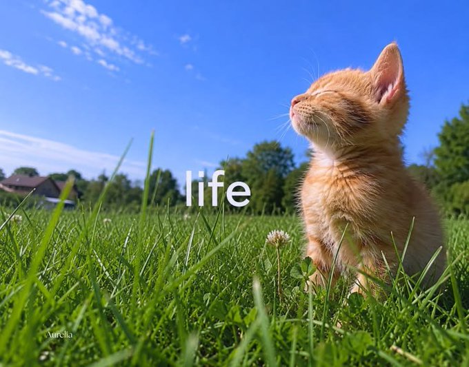 An orange tabby kitten sits in green grass looking up at a blue sky with the word 'life' written in white text across the image, signed 'Mirella' in the corner.