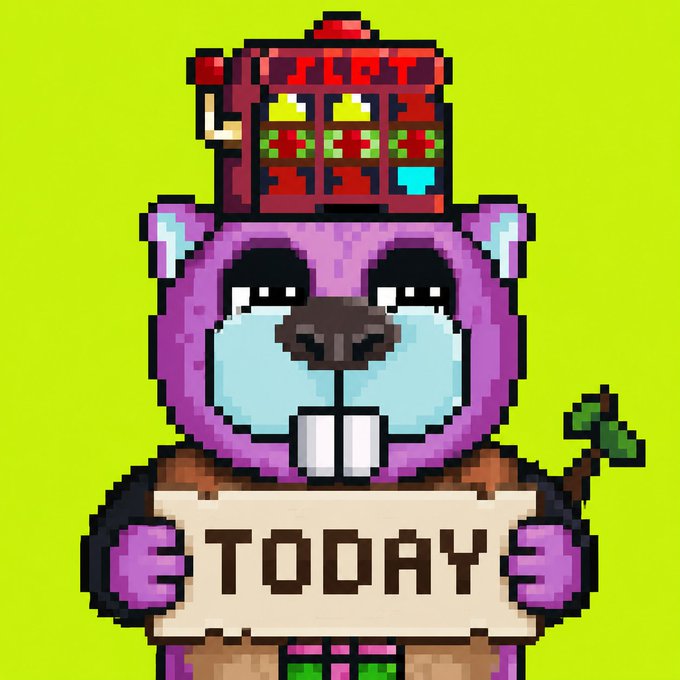 A pixel art purple beaver mascot wearing a slot machine as a hat holds a scroll reading "TODAY" against a bright green background. The image illustrates the post's "End of the Day 8" message, marking the conclusion of the current gBandits event day before tomorrow's new drops and announcements.
