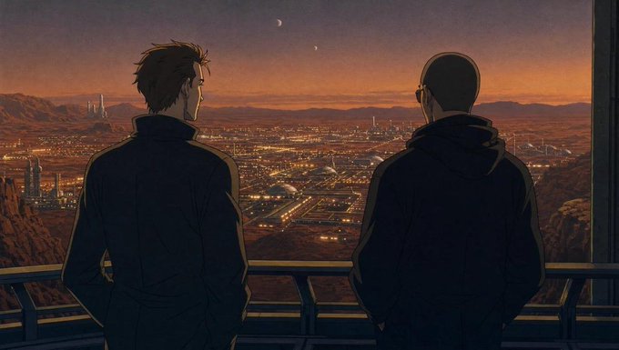 Two figures stand at a railing overlooking a sprawling Martian colony at twilight, with twin moons hanging in the dusty sky above the illuminated cityscape. The scene serves as a literal visualization of the poster's investment in "Mars Coins" rather than the S&P 500.
