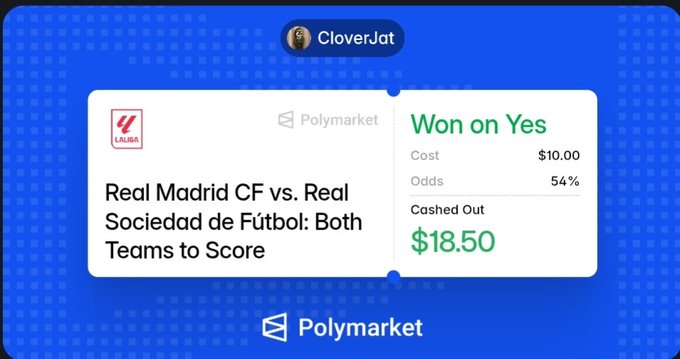 A Polymarket betting slip showing user CloverJat won a "Yes" bet on "Real Madrid CF vs. Real Sociedad de Fútbol: Both Teams to Score," cashing out $18.50 from a $10.00 wager at 54% odds. The image illustrates CloverJat sharing their prediction market win with @BriggsOnchain, as referenced in their celebratory post.