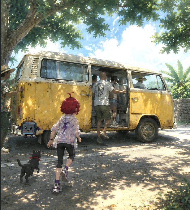 An anime-style illustration of a young red-haired child with a small robot and a black dog running toward a yellow vintage van where people are loading up under a tree.