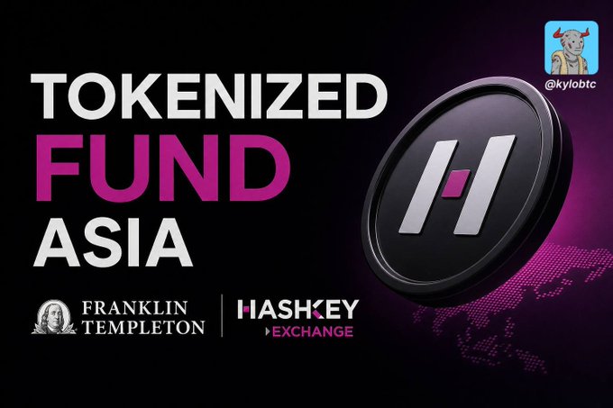 A promotional graphic for 'TOKENIZED FUND ASIA' by Franklin Templeton and HashKey Exchange, featuring a black token with an 'H' logo and the Twitter handle @kylobtc.