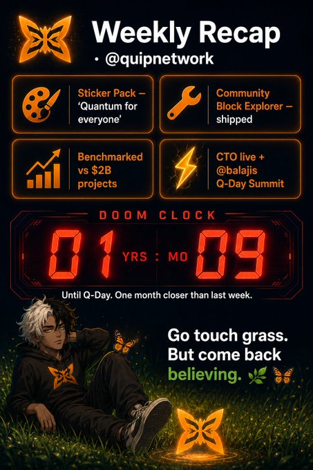 The image features a poster with a cartoon character sitting in a field, surrounded by butterflies. Below the image, there's text that reads "Weekly Recap", followed by a list of bullet points about the content of the poster. The poster also includes a quote from @quipnetwork and a link to their website.