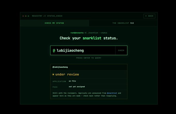 A status check page for 'The Snarklist 510' showing the username '@lubijiaocheng' with the status 'under review', application 'on file', and pass 'not yet assigned'.