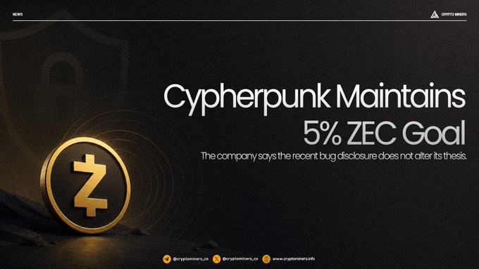 The image features an open-faced website with a prominent gold logo at its center, surrounded by black text. A description below states that Cyberpunk maintains 5% of Zcash's fixed supply, despite experiencing a significant selloff due to a recent network vulnerability discovery. The company affirms its goal for acquiring 5% of Zcash's fixed coin supply while remaining committed to addressing any issues with the Bitcoin mining process in place during this time.